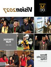 Vision 2027 Cover showing student graduates, a female lacrosse player, students talking with a professor and a student wearing a mask at an OptiPro work event