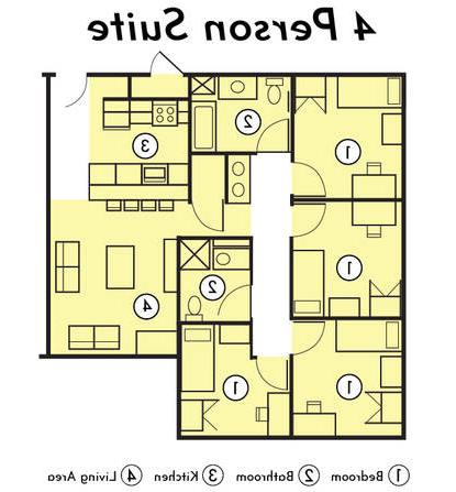 Drawing with key of the 4 bedrooms with common areas.