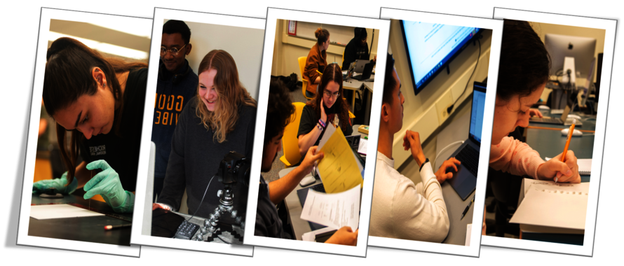 Photo tiles of students working on a computer, looking at papers and working in a lab setting